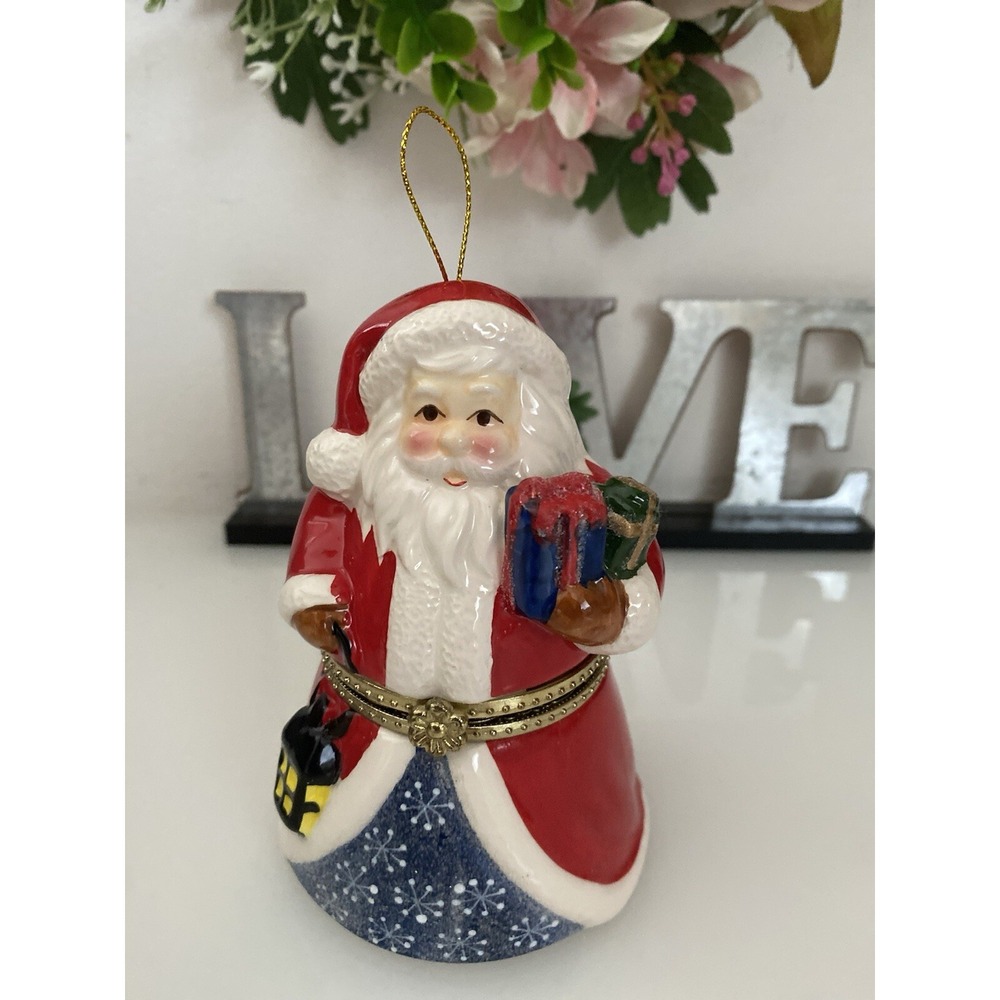 Mr. Christmas Santa Music Box Ornament w/Charm Present Inside Plays Jingle Bells